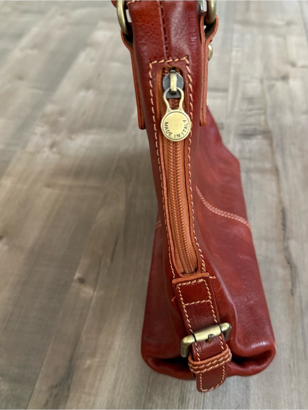 Florence Leather Handbag Purse Made in Italy Glossy Orange Brown Shoulder Bag - Picture 8 of 16